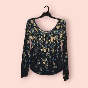 Free People Dahlia Floral Long Sleeve Top Womens Small Black Scoopneck Peasant S